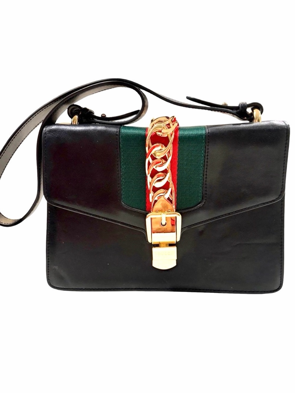 Designer Leather Black with Red Green Stripes Shoulder Bag